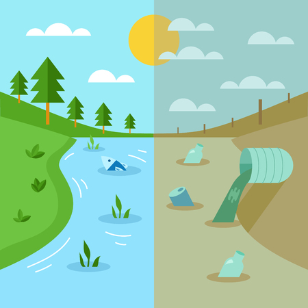Ecology cartoon comparative concept with clean planet because of use alternative energy sources and dirty earth due to industrial environmental pollution vector illustrationのイラスト素材
