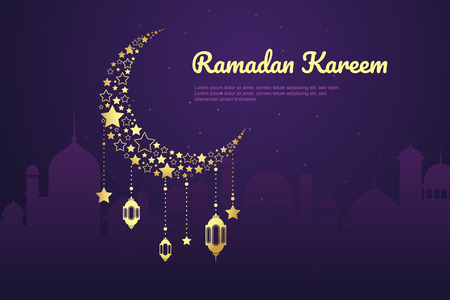 Beautiful Vector Illustration Ramadan Kareem The Holy Month Muslim Feast Greeting Card with night, Lantern and mosque. Flat landing page style vector.のイラスト素材