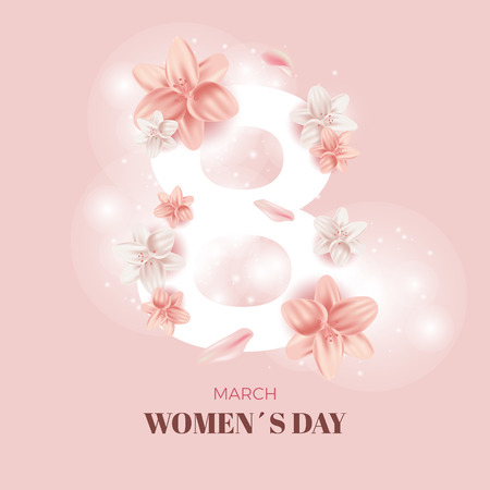 March 8. International Women Day. Vector spring holiday illustration. Paper cutout number eight with colorful flower garland. Origami style banner. Feminism concept. Floral decorationのイラスト素材