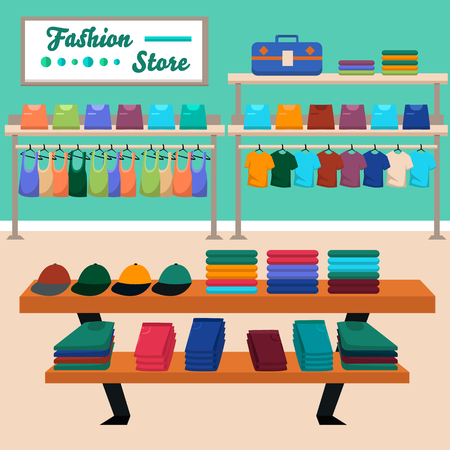 Big Fashion Shop Super Market Female Clothes Shopping Mall Interior Banner With Copy Space Flat Vector Illustrationのイラスト素材