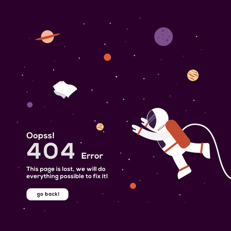 Vector flat cosmos design background with Error 404, page not found text. Cute template with Astronaut, Spaceship, Rocket, Moon, Black Hole, Stars in Outer spaceのイラスト素材