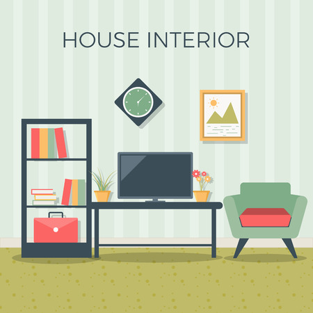 Living room interior design with furniture: sofa, bookcase, tv, lamps. Flat style vector illustrationのイラスト素材
