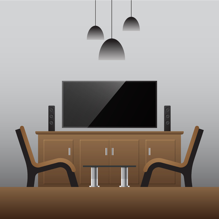Living room interior design with furniture: sofa, bookcase, tv, lamps. Flat style vector illustrationのイラスト素材