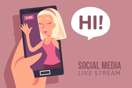 Girl Blogger Hold Cell Smart Phone With Many Likes Modern Video Blogs Creator Popular Vlog Channel Flat Vector Illustrationのイラスト素材