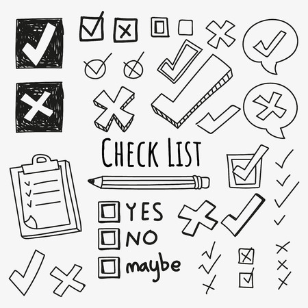 Checkmarks and checkboxes drawn in a doodled style.のイラスト素材