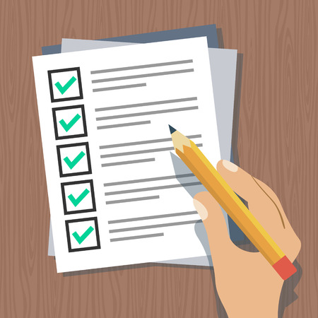 Businessman hands holding clipboard checklist with pen in a flat designのイラスト素材