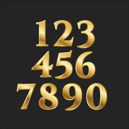 Elegant golden metal numbers. 1, 2, 3, 4, 5, 6, 7, 8, 9, 10. Gold number alphabet typeface glowing text effect. vector illustrationのイラスト素材