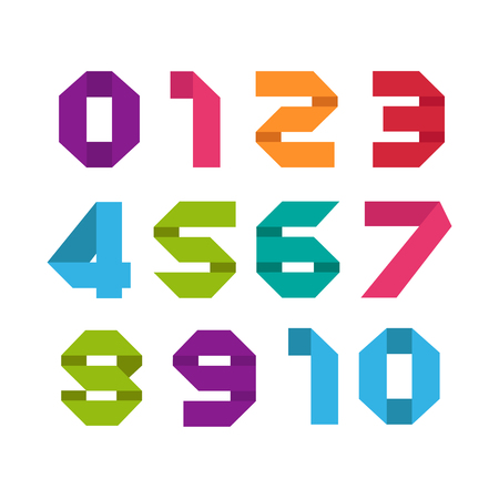 Set of ten numbers form zero to nine, number flat design. Color geometric shapes. Set geometry numbersのイラスト素材