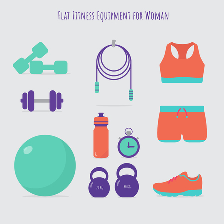 Vector flat icons set of fitness tools. Gym bag essentials, top view.のイラスト素材