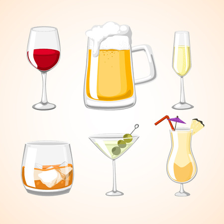 Alcohol drinks banner design. champagne, red wine, white wine, vermouth, brandy, whiskey, beer.のイラスト素材
