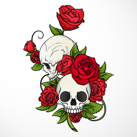 A human skulls with roses on white backgroundのイラスト素材