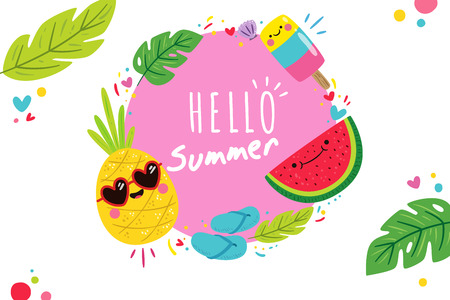 Hello Summer collection. Vector illustration of colorful funny doodle summer symbols, such as flamingo, ice cream, palm tree, sunglasses, cactus, surfboard, pineapple and watermelon.のイラスト素材