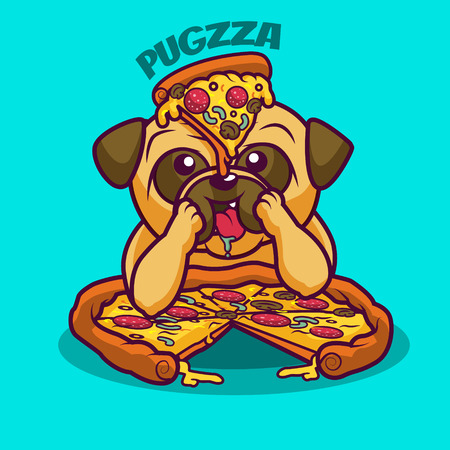 Cute cartoon pug eating italian pizza with mushrooms, sausage, pepper. Funny poster for pizzeria.のイラスト素材
