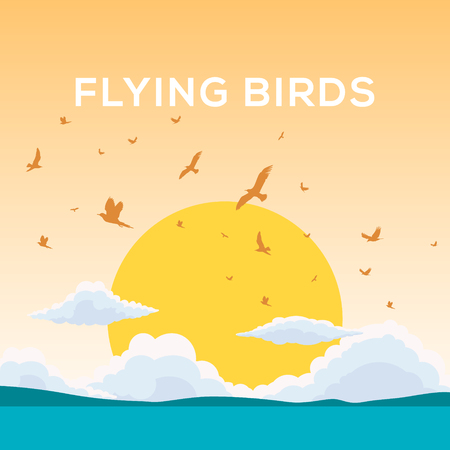 Birds flying through a mountain in the eveningのイラスト素材