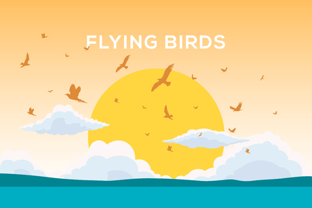 Birds flying through a mountain in the eveningのイラスト素材