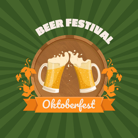Advertisement poster template of Oktoberfest beer party with different objects related with beer festival. Hand drawn doodle pattern on background. Vector illustration.のイラスト素材