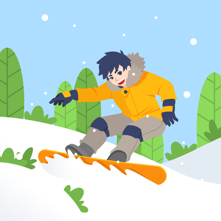 Snowboarding. Vector illustration of a jumping snowboarder in trendy flat style, isolated on snow mountains background.のイラスト素材