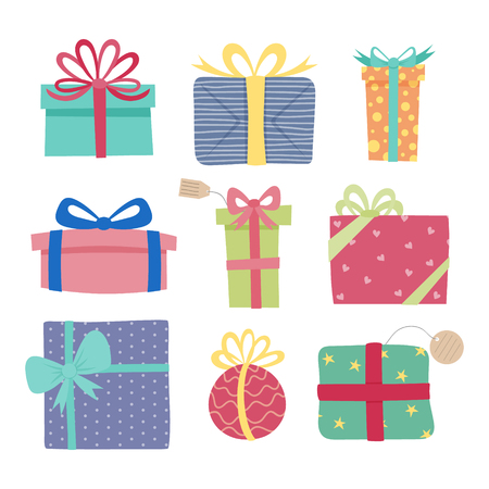 Vector of colorful gift box icons set, Simple flat design isolated on white backgroundのイラスト素材
