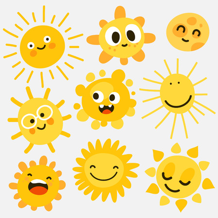 Smiling sun emoticons. Vector cartoon smile sun set. Cartoon face sun illustrationのイラスト素材