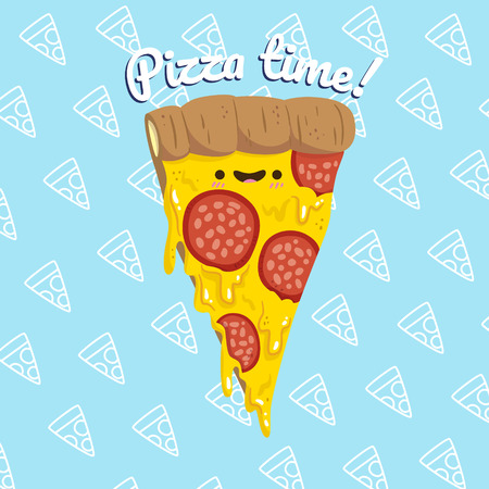 Pizza slice with melted cheese and pepperoni. Cartoon sticker in comic style. Decoration for greeting cards, posters, patches, prints for clothes, emblems. Vector illustration in a cartoon style.のイラスト素材