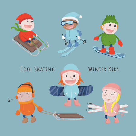 funny boy and girls in winter clothes ice skating isolated on white backgroundのイラスト素材