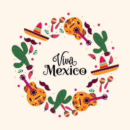 hand drawn colored Mexican elements collection. Independence day, Cinco de mayo celebration, party doodle decorations for your designのイラスト素材