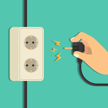 Hand connecting electrical plug. Man holding electric power plug. Electricity concept vector illustrationのイラスト素材