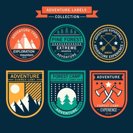 Set of vintage hand drawn travel badges. Camping labels concepts. Mountain expedition logo designs. Hike emblems. camp logotypes collection. Stock vector patches isolated on white background.のイラスト素材