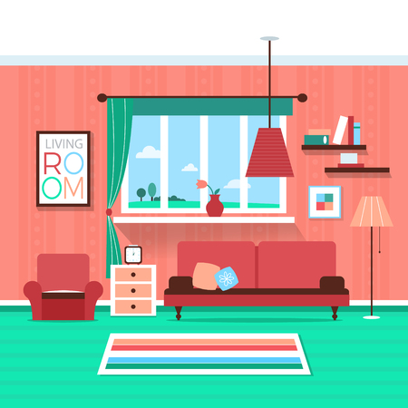 Living room interior design with furniture: sofa, bookcase, tv, lamps. Flat style vector illustrationのイラスト素材