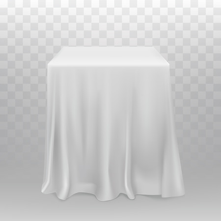 Vector realistic white cubes, one block covered with silk cloth isolated on transparent background. Square stand or podium hidden under fabric with folds.のイラスト素材