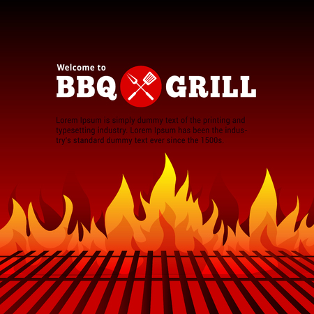 Steak and grill . Vector background with close-up of BBQ roasterc burning fire flames.のイラスト素材