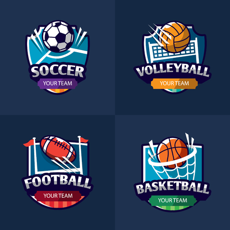 Mega set of colorful sports emblems soccer, american football, volleyball. Vector isolated illustrationのイラスト素材