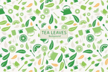 Background of green leaves with emblem of tea. Packaging designのイラスト素材