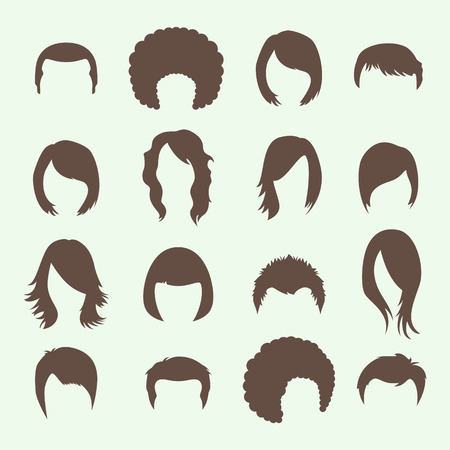 Women and mens hairstyle wigs false and natural hair pieces front and back view realistic icons collection isolated vector illustrationのイラスト素材