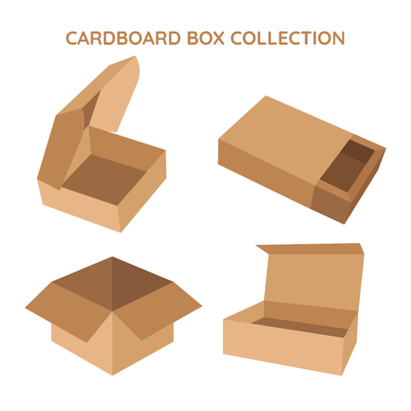 Cardboard box mockup set. Realistic illustration of 10 cardboard box mockups for web. Brown delivery set vectorのイラスト素材