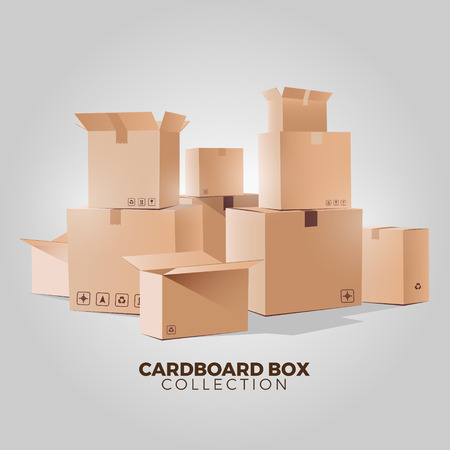 Cardboard box mockup set. Realistic illustration of 10 cardboard box mockups for web. Brown delivery set vectorのイラスト素材