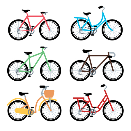 Bicycle Set for family ride. Set riding bikes isolated on white background. Bike for man, woman, boy, girl. Vector flat cartoon illustrationのイラスト素材
