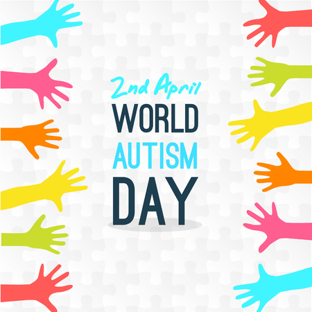 Autism Awareness Month.  Trend lettering. Multicolored puzzle in the form of heart of brush strokes. Healthcare concept. Vector illustration on white backgroundのイラスト素材