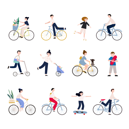 Group of tiny people riding bikes on city street during festival, race or parade. Collection of men and women on bicycles isolated on white background. Colored vector illustration in cartoon style.のイラスト素材