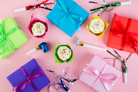 Happy birthday day background concept with gift and confetti, balloons and place for text.