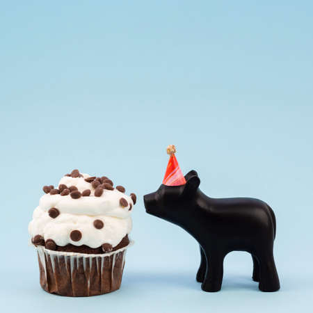 Child Toys and cupcake with candle. Happy birthday concept.の写真素材
