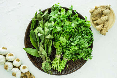 Various herbs spices with place for text isolated white background. Top view.の写真素材