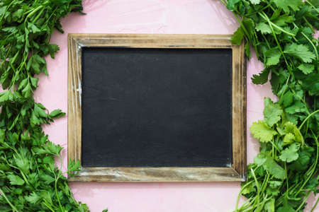 Various green herbs spices with place for text. Close-up. Top view.の写真素材