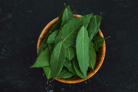 Various herbs spices with place for text isolated dark background, plate. Top view.
