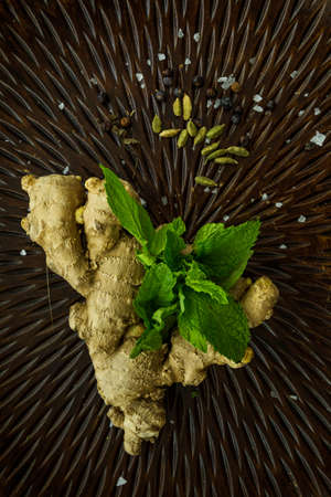 Various green herbs spices with place for text. Close-up. Top view.