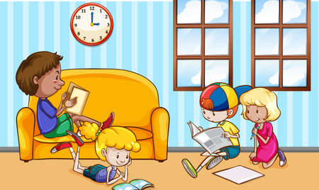 Scene with many children reading books at home illustrationのイラスト素材