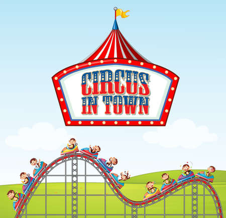 Poster design for circus in town with monkeys riding on roller coaster illustrationのイラスト素材