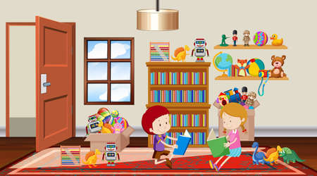 Scene with boy and girl reading in the room illustrationのイラスト素材