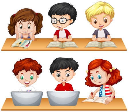 Girls and boys reading and working on computer illustrationのイラスト素材