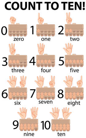 Poster design for counting number one to ten by hand and eggs in carton illustrationのイラスト素材